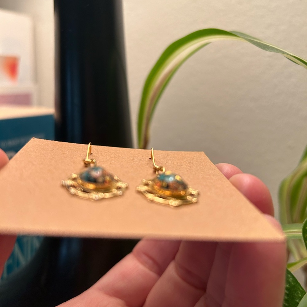 ✨ VTG, Rainbowflake Earrings Pierced Dangles Turquoise Gold Flakes - Picture 6 of 15